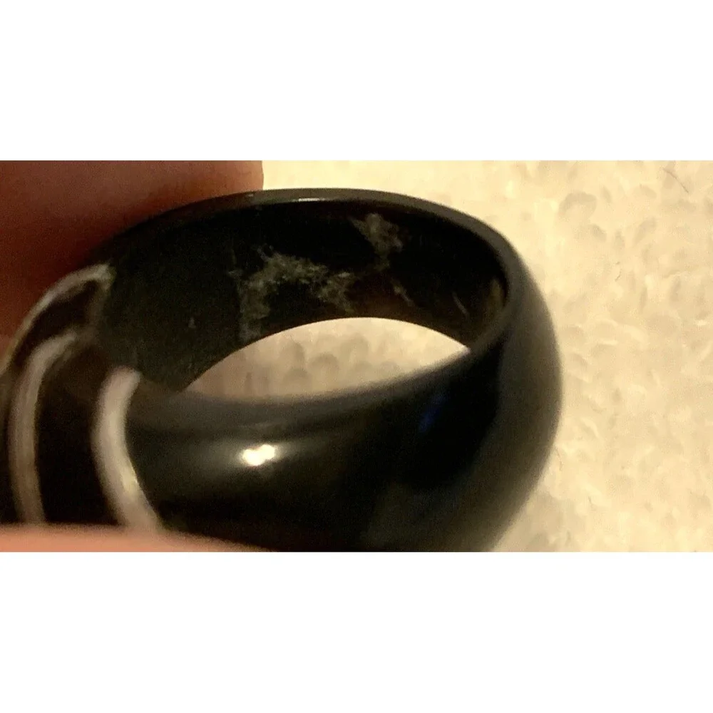 Vintage Bakelite Ring Black Dome w/ Silver Inlay Stripes Chunky Band Size 5